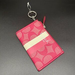 Vintage Coach Hot Pink Signature Zip Card Case with White Stripe and Keyring